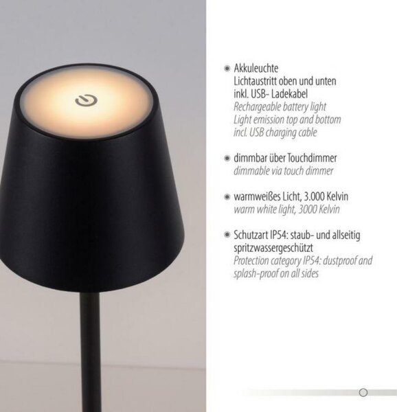 JUST LIGHT LED bateriové svítidlo černé, stojací a stolní lampa, dotykový stmívač, IP54 pro venkovní použití 3000K