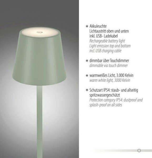 JUST LIGHT LED bateriové svítidlo zelené, stojací a stolní lampa, dotykový stmívač, IP54 pro venkovní použití 3000K
