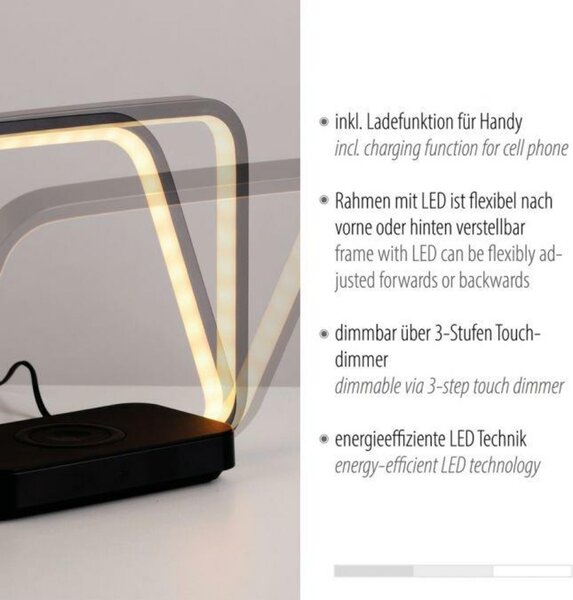 JUST LIGHT LED stolní lampa černá, bezdrátové nabíjení telefonu, dotykový vypínač, stmívatelné 3000K