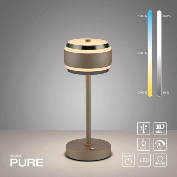 PAUL NEUHAUS LED nabíjecí stolní lampa PURE Falling Rings, bronzová, dotykový stmívač, 2200-5000K