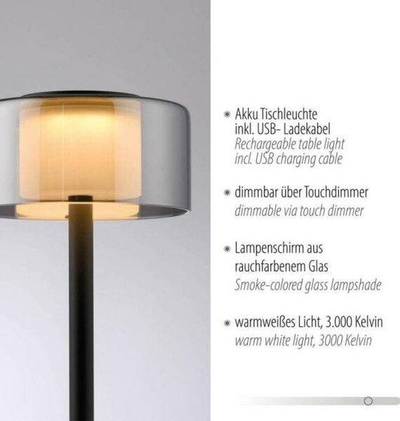 PAUL NEUHAUS LED stolní lampa USB černá na baterie dotykový stmívač paměťová funkce 3000K