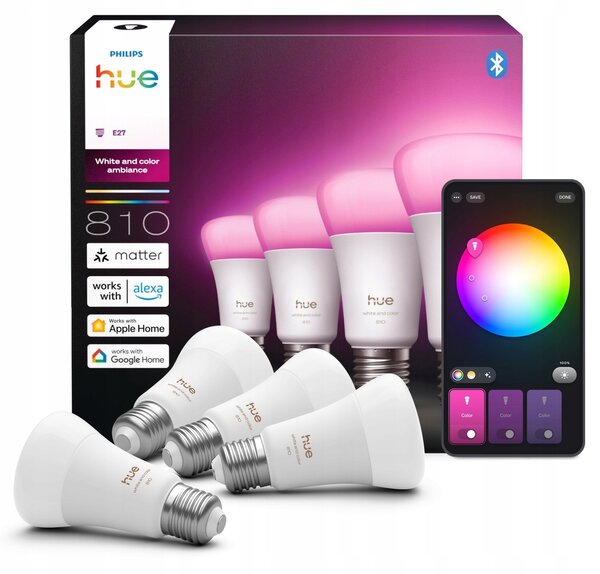 Chytrá LED žárovka PHILIPS HUE 6W E27 Bluetooth, ZigBee (4 ks)