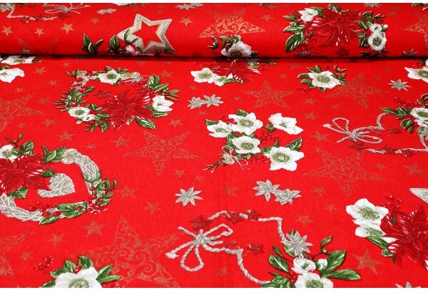 Dekorační látka bavlna Vánoční růže červená, š. 140 cm Rudá Vzorek (10x10 cm +/-1 cm)