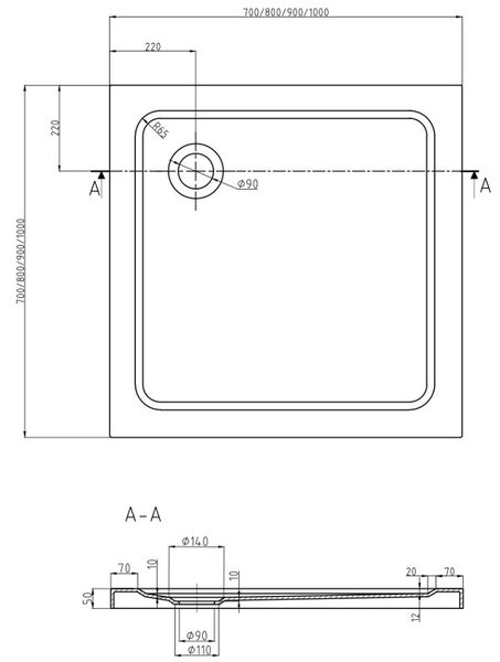Mexen Flat čtvercová sprchová vanička slim 70 x 70 cm, bílá, sifon chrom - 40107070