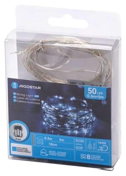 Aigostar - LED řetěz 50xLED/3xAA 5,3m studená bílá