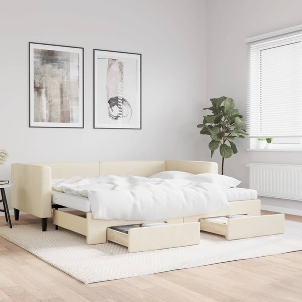 Válenda s přistýlkou a zásuvkami krémová 90 x 200 cm textil 3196636