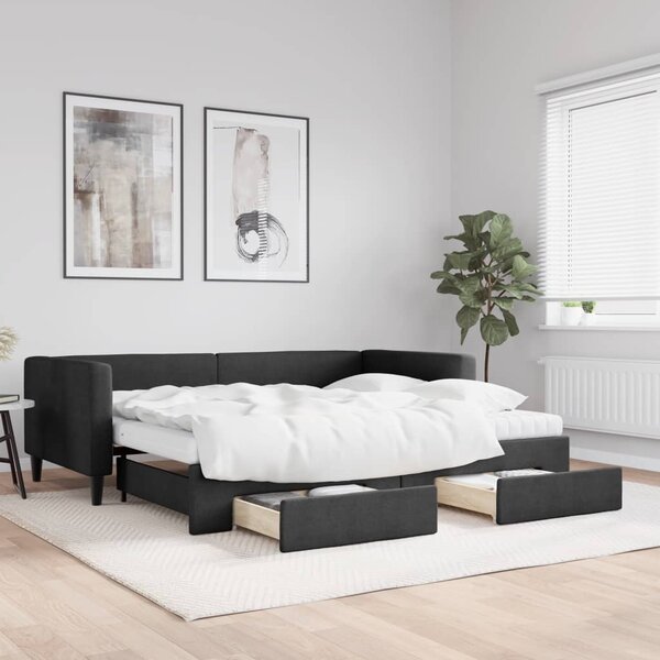 Válenda s přistýlkou a zásuvkami černá 90 x 190 cm textil 3196644