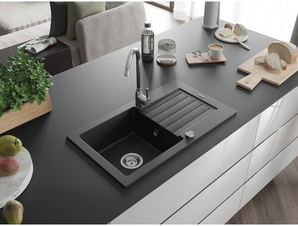 Mexen Pablo jednodřezový granitový dřez s odkapávačem 752 x 436 mm, černý, sifon chrom - 6510751010-77