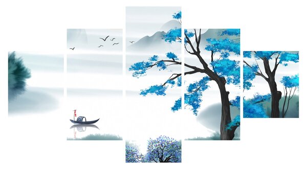Obraz - Malované jezero s loďkou (125x70 cm)