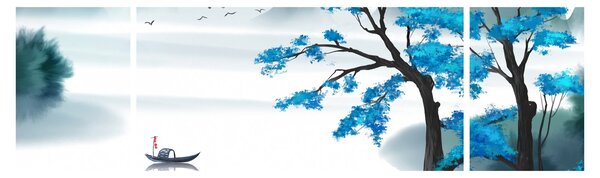 Obraz - Malované jezero s loďkou (170x50 cm)