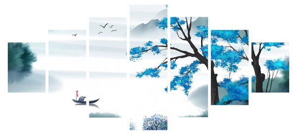 Obraz - Malované jezero s loďkou (210x100 cm)