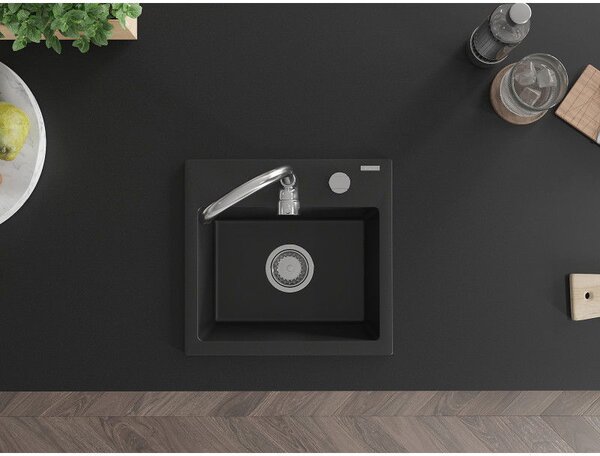 Mexen Milo granitový dřez 1-komorový 435 x 410 mm, černý, sifon chrom - 6505441000-77