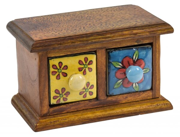 Dřevěná skříňka s 2 keramickými šuplíky, ručně malovaná, 18x11x11cm (2A)
