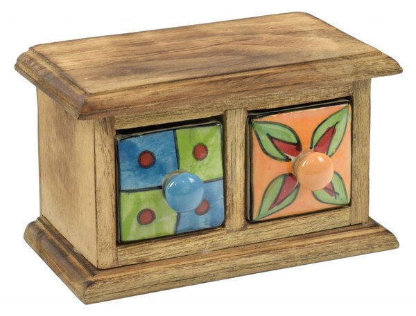 Dřevěná skříňka s 2 keramickými šuplíky, ručně malovaná, 18x11x11cm (2E)