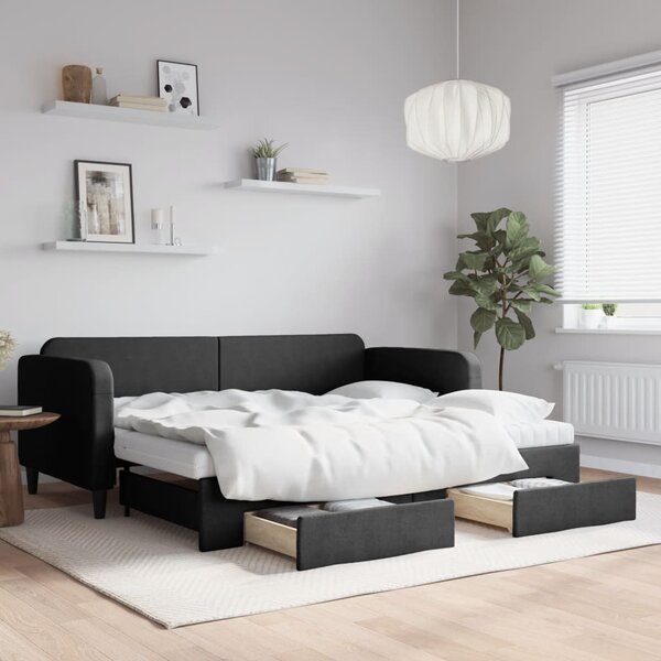 Válenda s přistýlkou a zásuvkami černá 90 x 190 cm textil 3196882