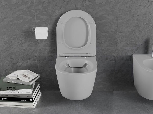Mexen Lena WC mísa Rimless s pomalu sklápěcím prkénkem slim, duroplast, světle šedá mat - 30224061