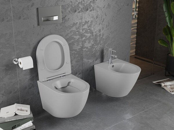 Mexen Lena WC mísa Rimless s pomalu sklápěcím prkénkem slim, duroplast, světle šedá mat - 30224061