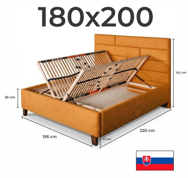 Postel čalouněná AZRA + lamelový rošt + matrace EMI