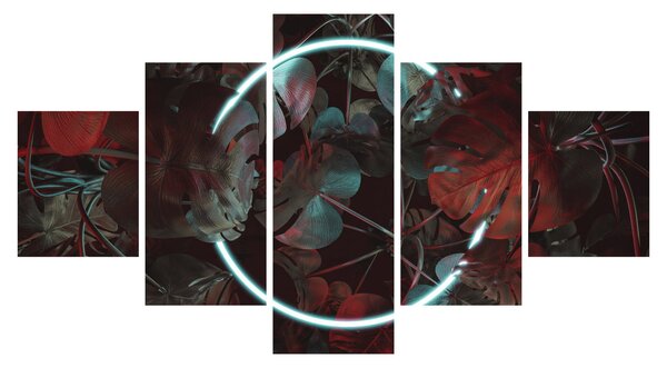 Obraz - Neonový kruh mezi palmami (125x70 cm)