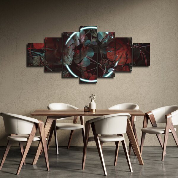 Obraz - Neonový kruh mezi palmami (210x100 cm)