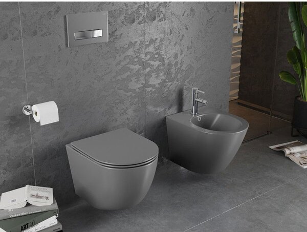 Mexen Lena WC mísa Rimless s pomalu sklápěcí tenkým prkénkem, duroplast, tmavě šedý mat - 30224071