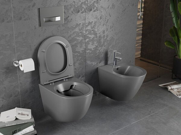 Mexen Lena WC mísa Rimless s pomalu sklápěcí tenkým prkénkem, duroplast, tmavě šedý mat - 30224071