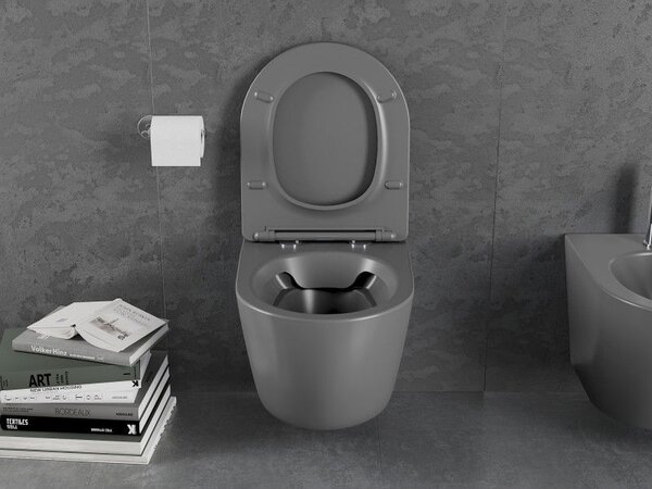Mexen Lena WC mísa Rimless s pomalu sklápěcí tenkým prkénkem, duroplast, tmavě šedý mat - 30224071