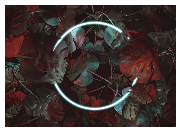 Obraz - Neonový kruh mezi palmami (70x50 cm)