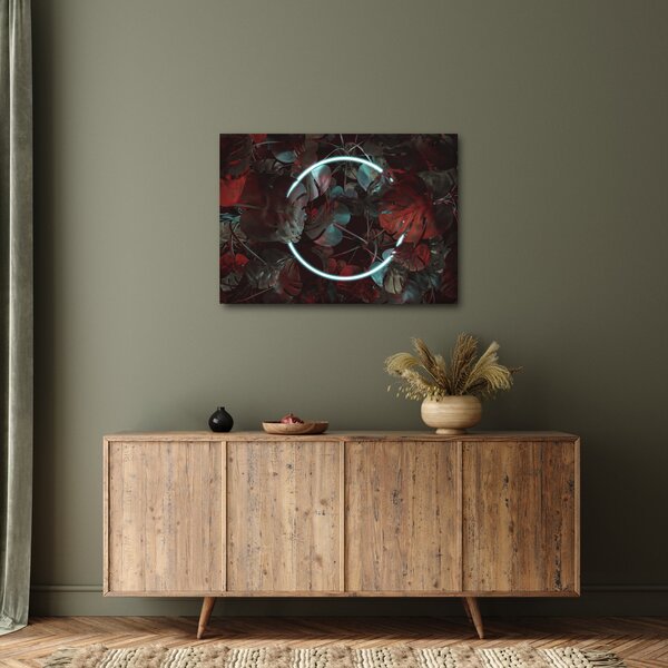 Obraz - Neonový kruh mezi palmami (70x50 cm)