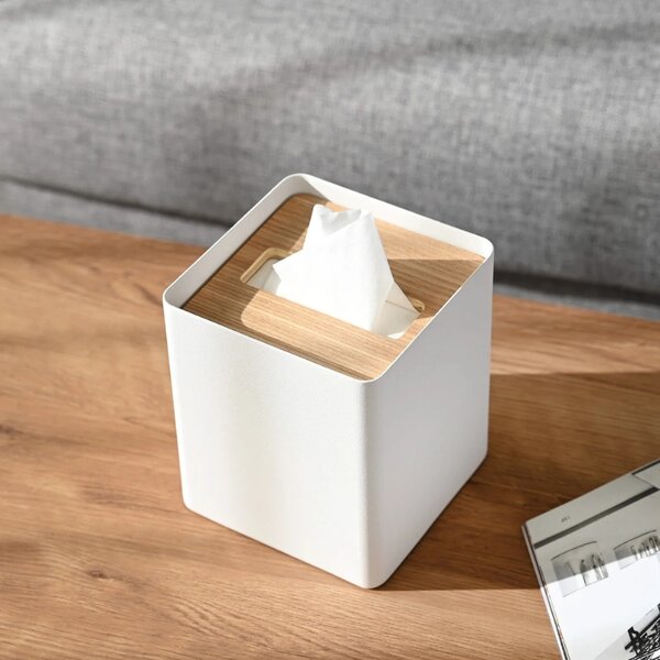 YAMAZAKI Bílý kovový box na ubrousky Rin 13 x 13 cm