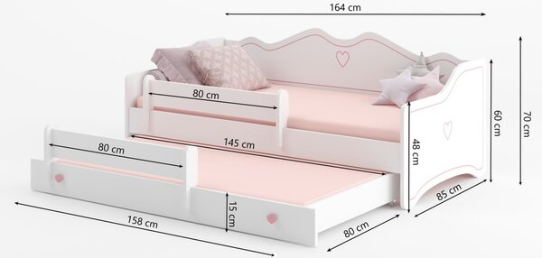 Dětská postel Amore s přistýlkou včetně matrací - bílá/růžová s obrázkem