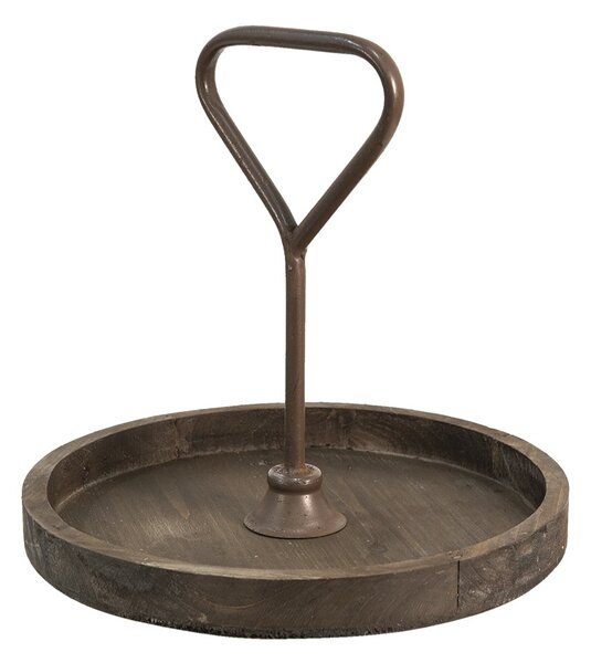 Hnědý antik dřevěný podnos s držadlem - Ø 35*33 cm - Clayre & Eef