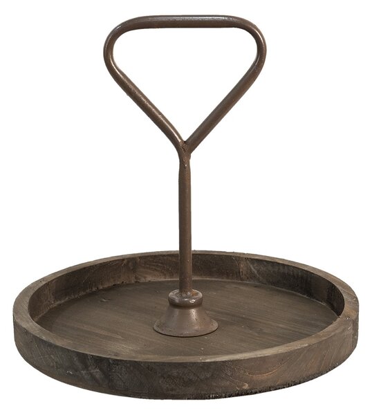Hnědý antik dřevěný podnos s držadlem - Ø 35*33 cm - Clayre & Eef