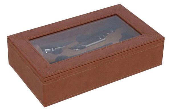 Hnědý box z umělé kůže s doplňky na víno Cognacco - 23*13*6 cm - J-Line by Jolipa