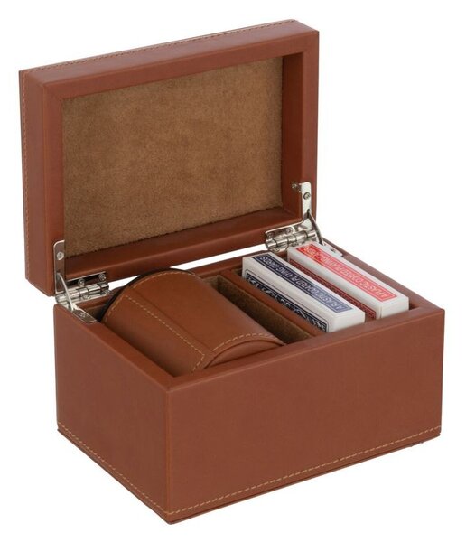 Hnědý box z umělé kůže s kartami a kostkami Cognacco - 17*12*10 cm - J-Line by Jolipa