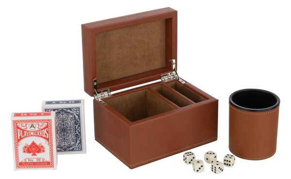 Hnědý box z umělé kůže s kartami a kostkami Cognacco - 17*12*10 cm - J-Line by Jolipa