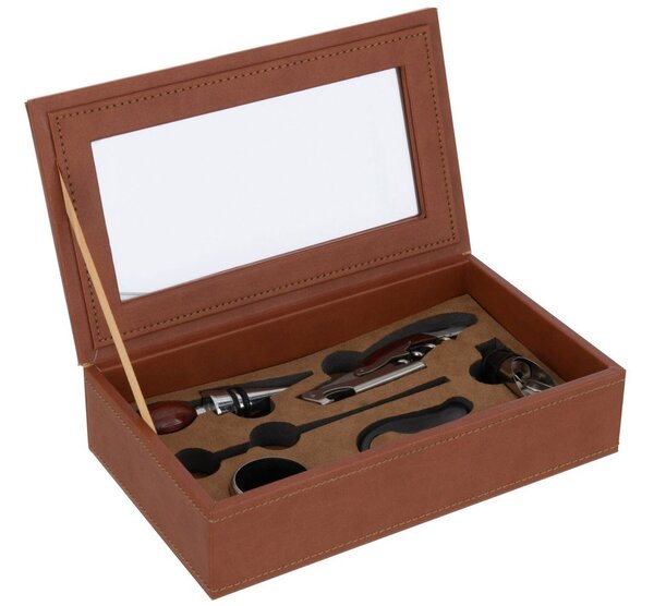 Hnědý box z umělé kůže s doplňky na víno Cognacco - 23*13*6 cm - J-Line by Jolipa