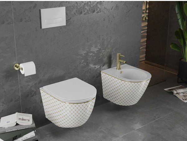 Mexen Lena WC mísa Rimless s pomalu sklopným prkénkem slim, duroplast, bílá/zlatá vzor mřížka - 30224009