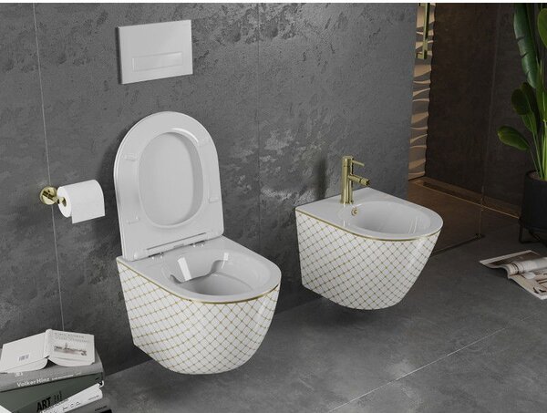 Mexen Lena WC mísa Rimless s pomalu sklopným prkénkem slim, duroplast, bílá/zlatá vzor mřížka - 30224009