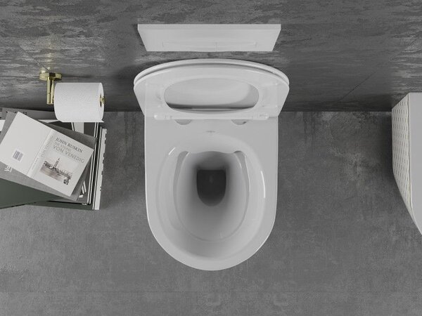 Mexen Lena WC mísa Rimless s pomalu sklopným prkénkem slim, duroplast, bílá/zlatá vzor mřížka - 30224009