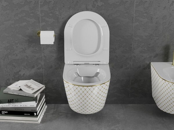Mexen Lena WC mísa Rimless s pomalu sklopným prkénkem slim, duroplast, bílá/zlatá vzor mřížka - 30224009