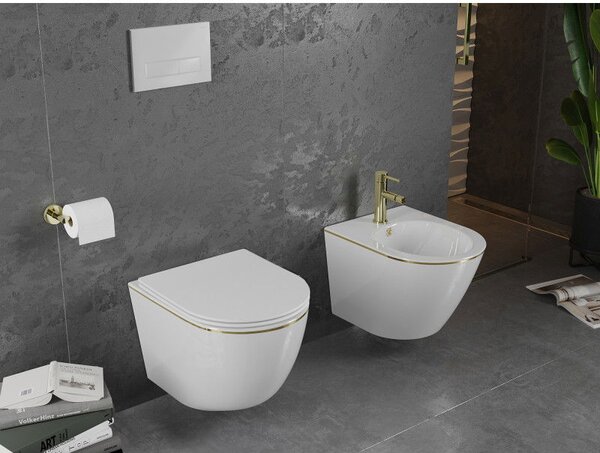 Mexen Lena WC mísa Rimless s pomalu zavírajícím sedátkem slim, duroplast, bílá/zlatá linie - 30224005