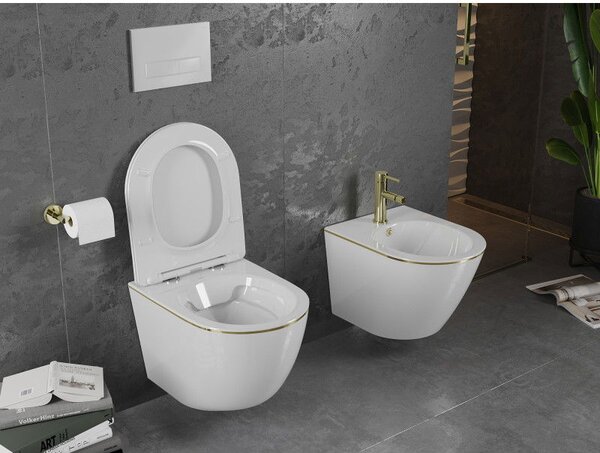 Mexen Lena WC mísa Rimless s pomalu zavírajícím sedátkem slim, duroplast, bílá/zlatá linie - 30224005