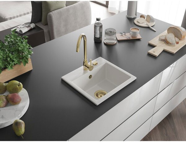 Mexen Milo granitový dřez 1-komorový 435 x 410 mm, bílý, zlatý sifon - 6505441000-20-G