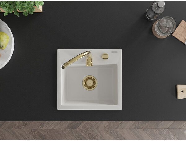 Mexen Milo granitový dřez 1-komorový 435 x 410 mm, bílý, zlatý sifon - 6505441000-20-G