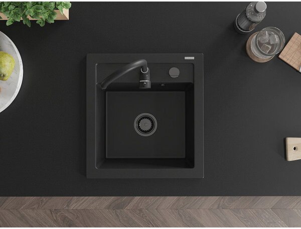 Mexen Vito granitový dřez 1-komorový 520 x 490 mm, černý, sifon černý - 6503521000-77-B