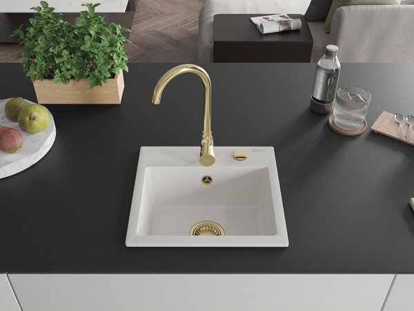 Mexen Milo granitový dřez 1-komorový 435 x 410 mm, bílý, zlatý sifon - 6505441000-20-G