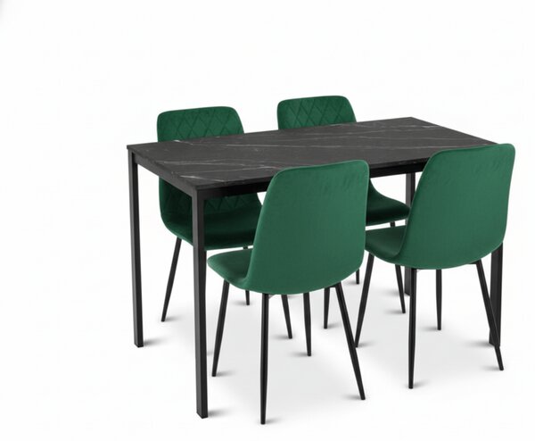 Jídelní set 1 + 4, černý stůl RAMOD 100x60 cm mramorový dekor + zelená židle TURIN s černými nohami