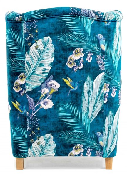 Křeslo ušák AS s taburetem - vzor Bird, modrá/přírodní (bird navy blue an 4035)