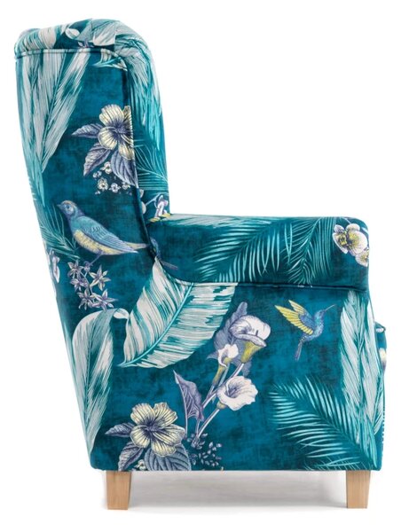 Křeslo ušák AS s taburetem - vzor Bird, modrá/přírodní (bird navy blue an 4035)